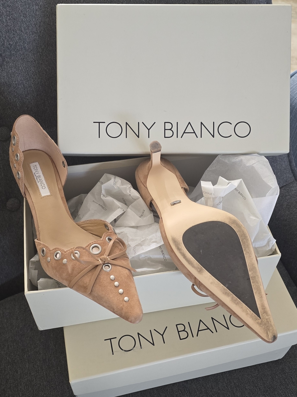 Tony Biiano Tan Suede Pointed D'Orsay Pumps with Grommet Detail